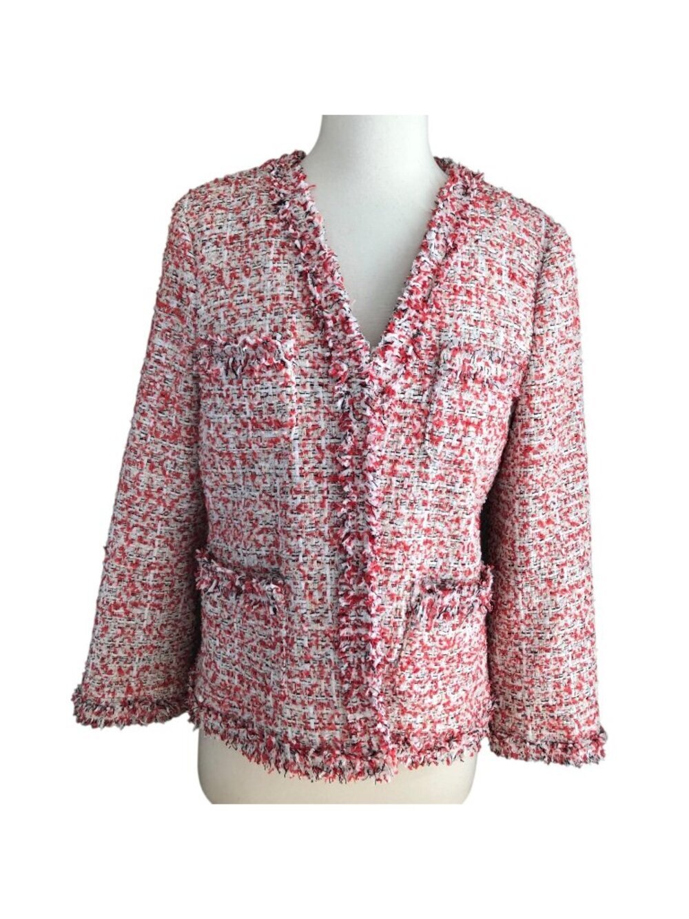 Ann Taylor Fringe Tweed Blazer Jacket Women's size 8 Red Beige Pockets Lined NEW